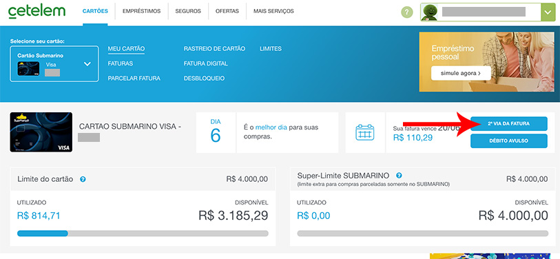 como gerar 2ª via fatura cartão submarino pelo site cetelem